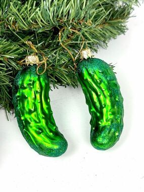 Set of 2 Glass Pickle Christmas Ornaments Green Blown Glass Tree Decor
